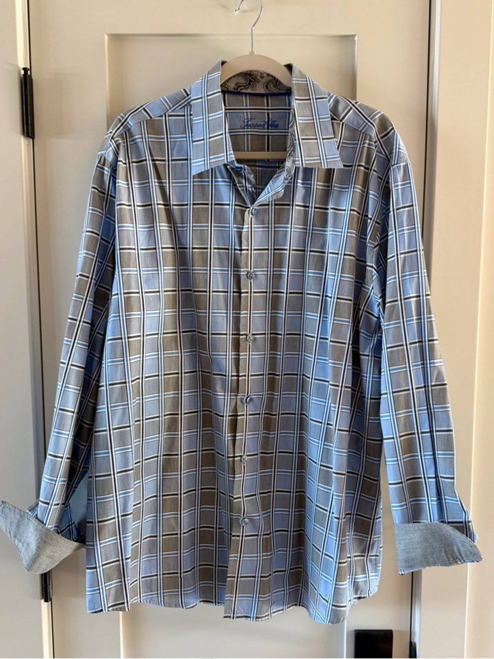 Tasso Elba Blue & Gray Plaid Long-Sleeve Dress Shirt XXL NWOT